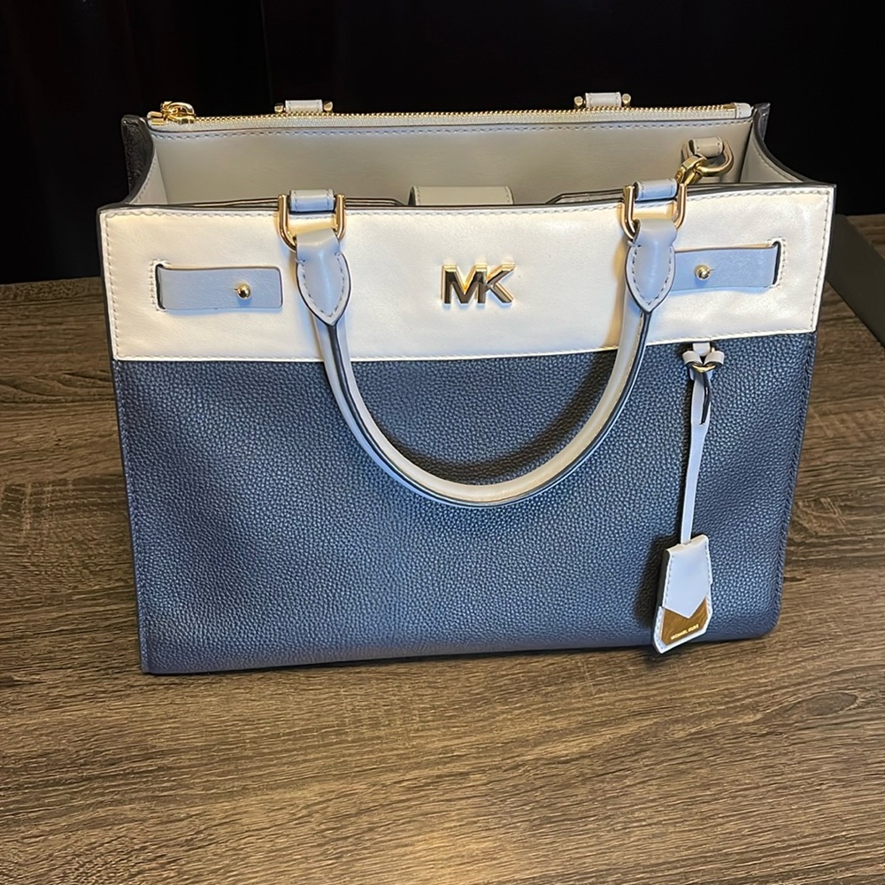 Michael Kors Regan Leather Blue and White Crossbody Satchel